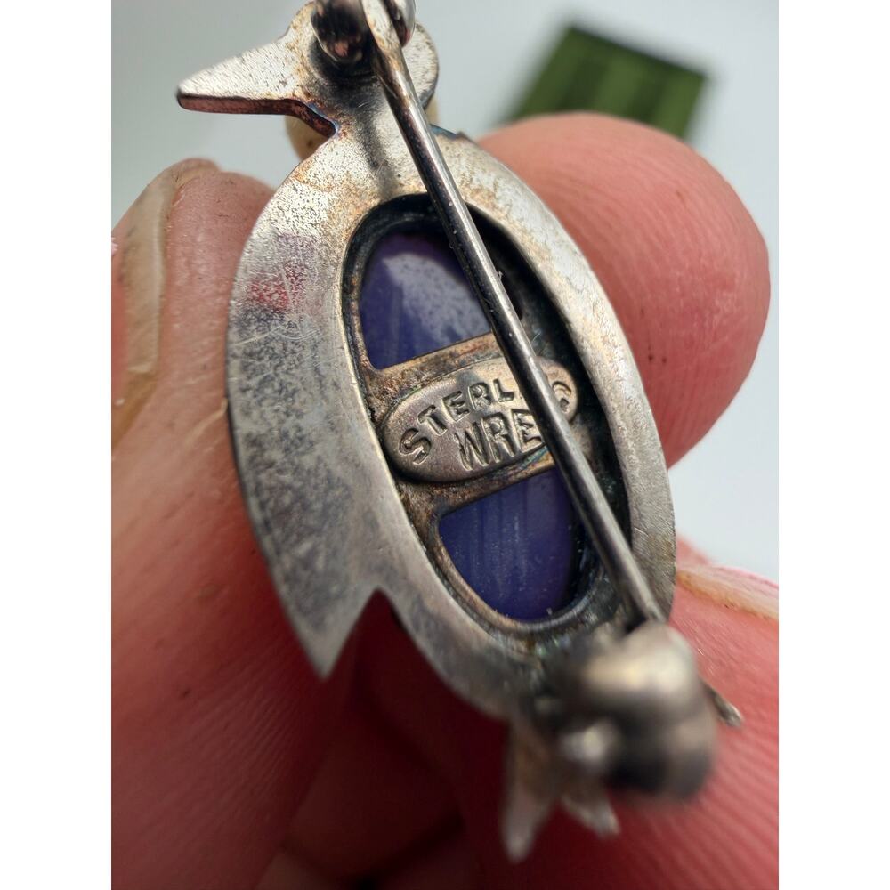 sterling silver penguin carved blue scarab pearl brooch pin WRE - Picture 2 of 4